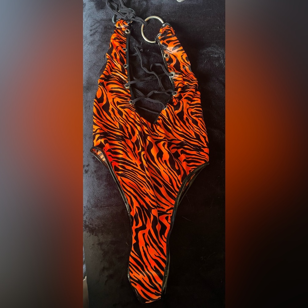 Toxic Vision Vibrant Orange and Black Tiger Print Bodysuit